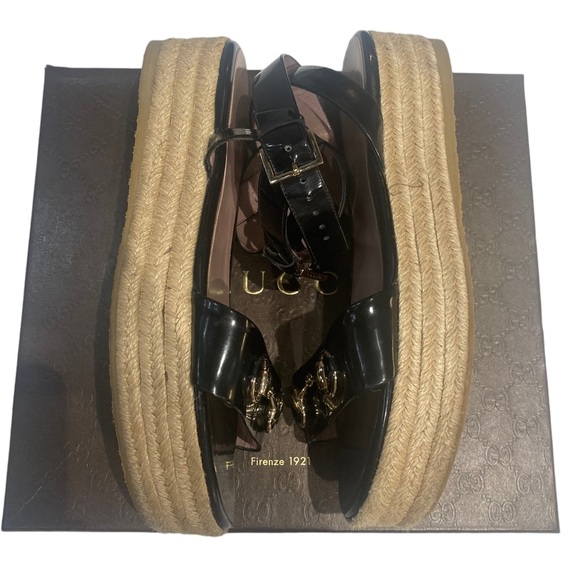 Gucci Platform Black Leather Espadrilles Summer Sandals Size 40.5 / Women’s 10.5 - Picture 3 of 12